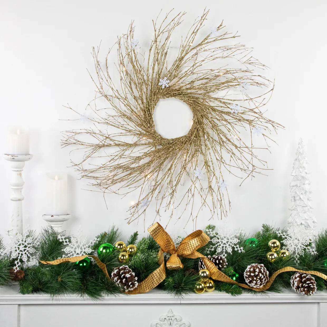 Pre-lit Battery Operated Glittered Twig Christmas Wreath - 28" - Warm White LED Lights