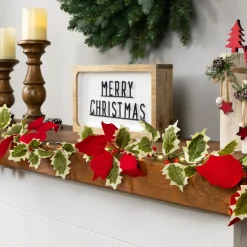 Pre-Lit Battery Operated Holly and Berry Christmas Garland - 7.5' x 5" - Warm White Lights