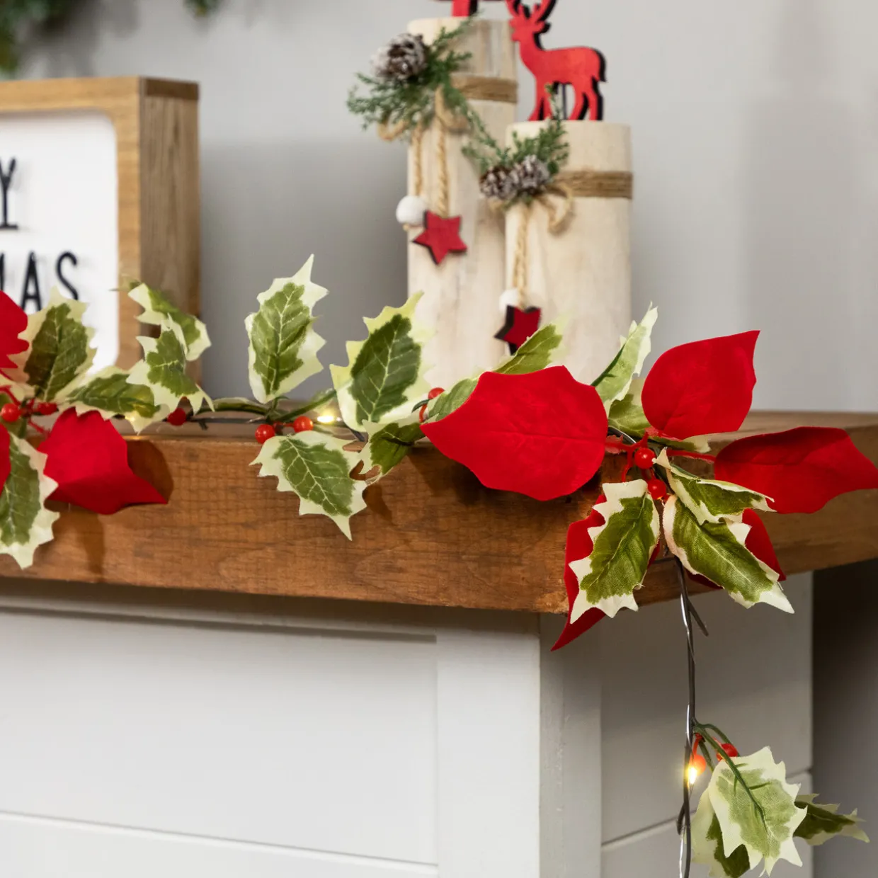 Pre-Lit Battery Operated Holly and Berry Christmas Garland - 7.5' x 5" - Warm White Lights