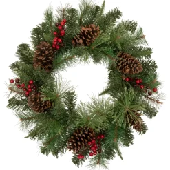 Pre-Lit Battery Operated Mixed Pine and Berries Christmas Wreath - 24" - Warm White LED Lights