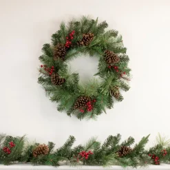Pre-Lit Battery Operated Mixed Pine and Berries Christmas Wreath - 24" - Warm White LED Lights
