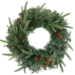 Pre-Lit Battery Operated Mixed Pine and Pine Cone Christmas Wreath - 24" - Warm White LED Lights