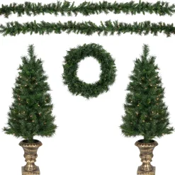 Pre-Lit Battery Operated Norwich Pine Artificial Christmas Entryway Set - 5-Piece - Clear Lights