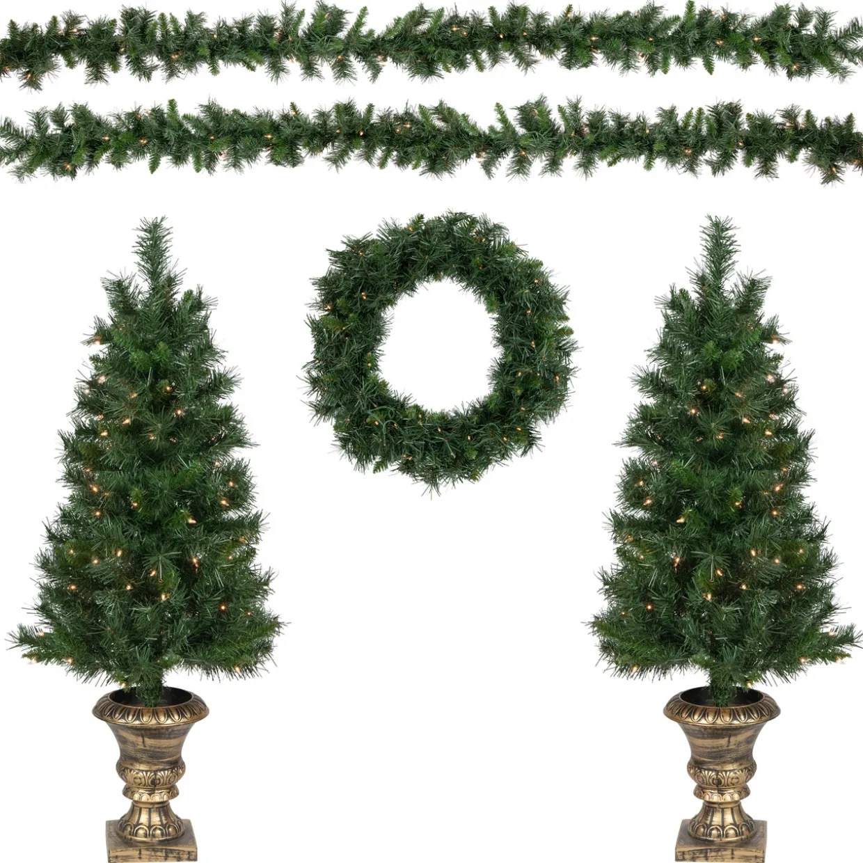 Pre-Lit Battery Operated Norwich Pine Artificial Christmas Entryway Set - 5-Piece - Clear Lights