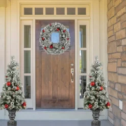 Pre-Lit Battery Operated Snowy Bristle Pine Christmas Wreath - 24" - Dual Color LED Lights