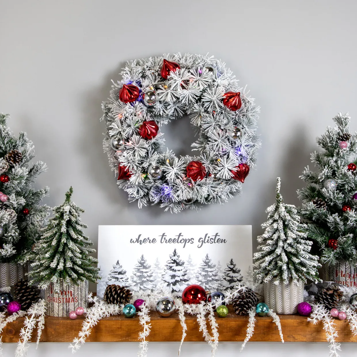 Pre-Lit Battery Operated Snowy Bristle Pine Christmas Wreath - 24" - Dual Color LED Lights