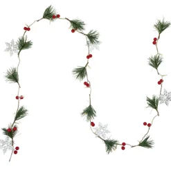 Pre-Lit B/O Pine, Berry and Snowflake Christmas Garland - 6' - Warm White LED Lights