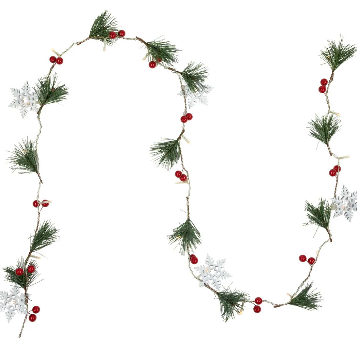 Pre-Lit B/O Pine, Berry and Snowflake Christmas Garland - 6' - Warm White LED Lights