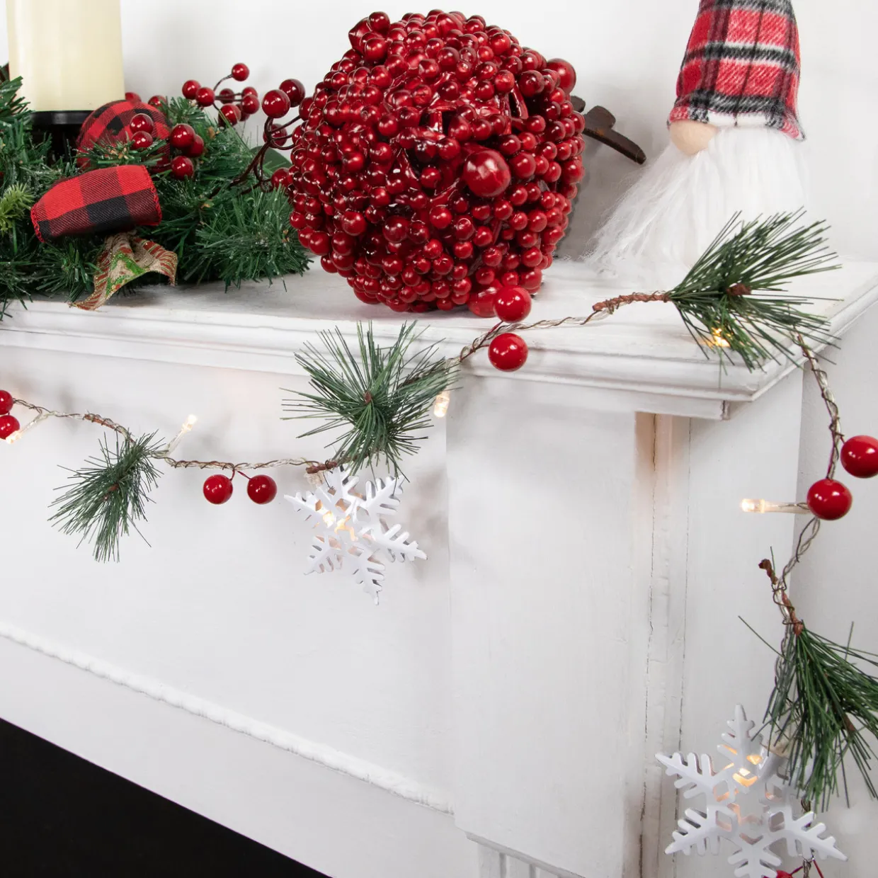 Pre-Lit B/O Pine, Berry and Snowflake Christmas Garland - 6' - Warm White LED Lights