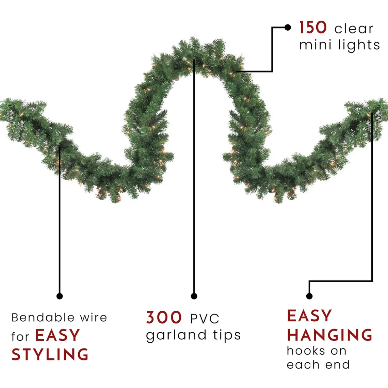 Pre-Lit Deluxe Windsor Green Pine Christmas Garland - 9' x 18" - Clear Lights
