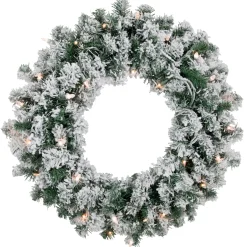 Pre-Lit Flocked Snow White Artificial Christmas Wreath, 24-Inch, Clear Lights