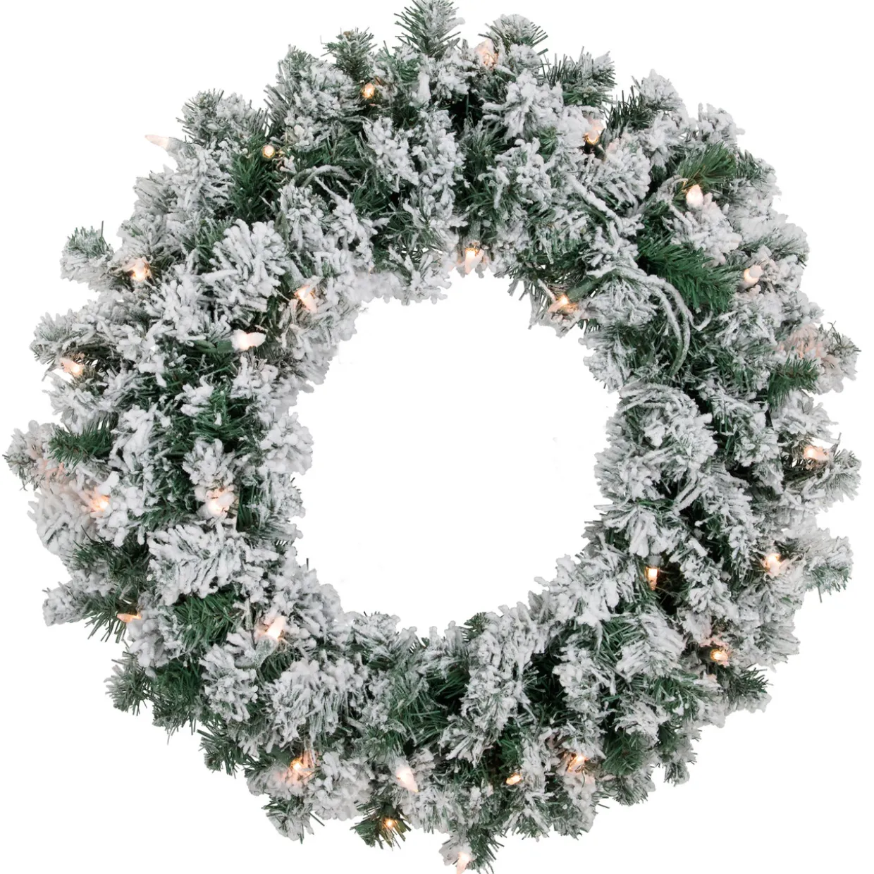 Pre-Lit Flocked Snow White Artificial Christmas Wreath, 24-Inch, Clear Lights