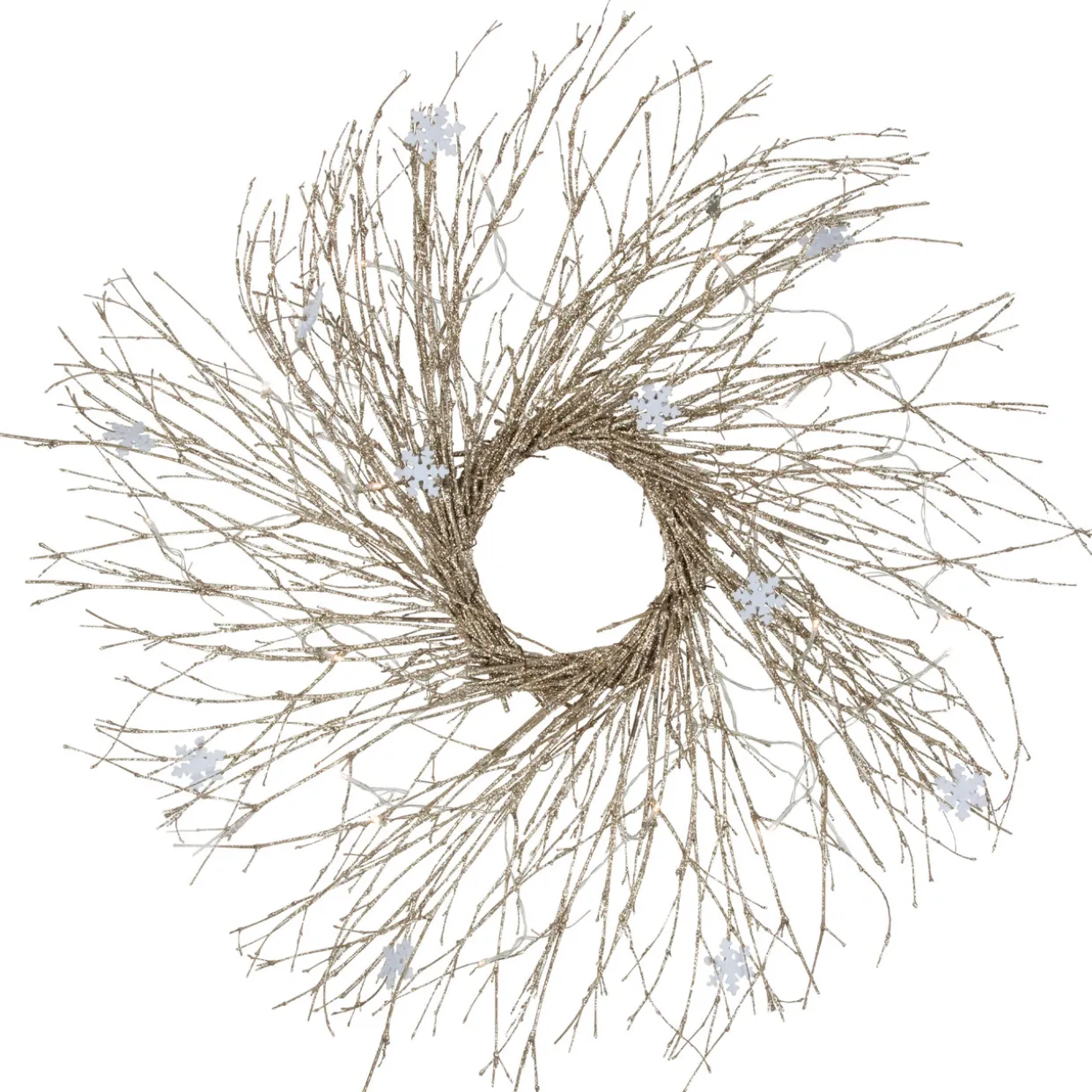 Pre-lit Glittered Twig and Snowflake Christmas Wreath - 28" - Warm White LED Lights