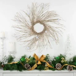 Pre-lit Glittered Twig and Snowflake Christmas Wreath - 28" - Warm White LED Lights