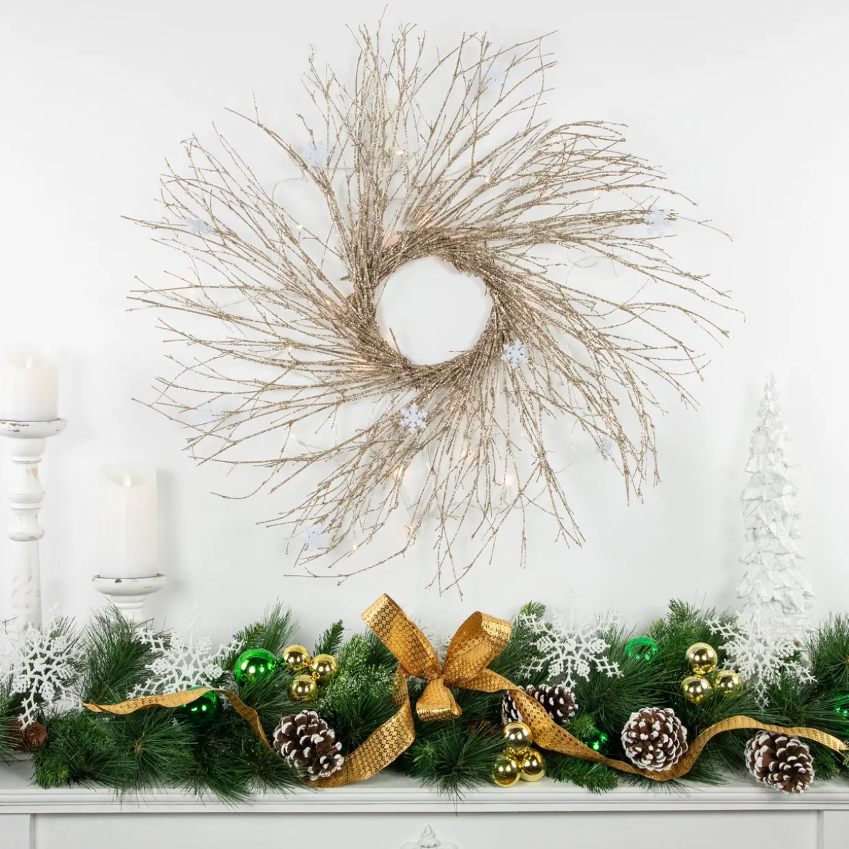 Pre-lit Glittered Twig and Snowflake Christmas Wreath - 28" - Warm White LED Lights