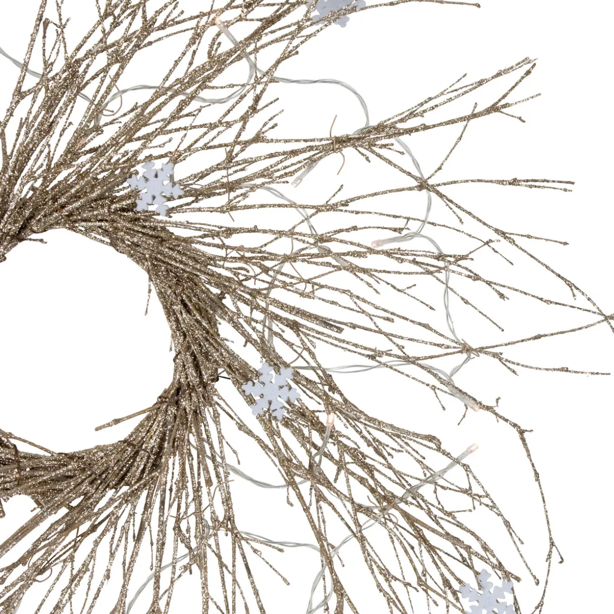 Pre-lit Glittered Twig and Snowflake Christmas Wreath - 28" - Warm White LED Lights