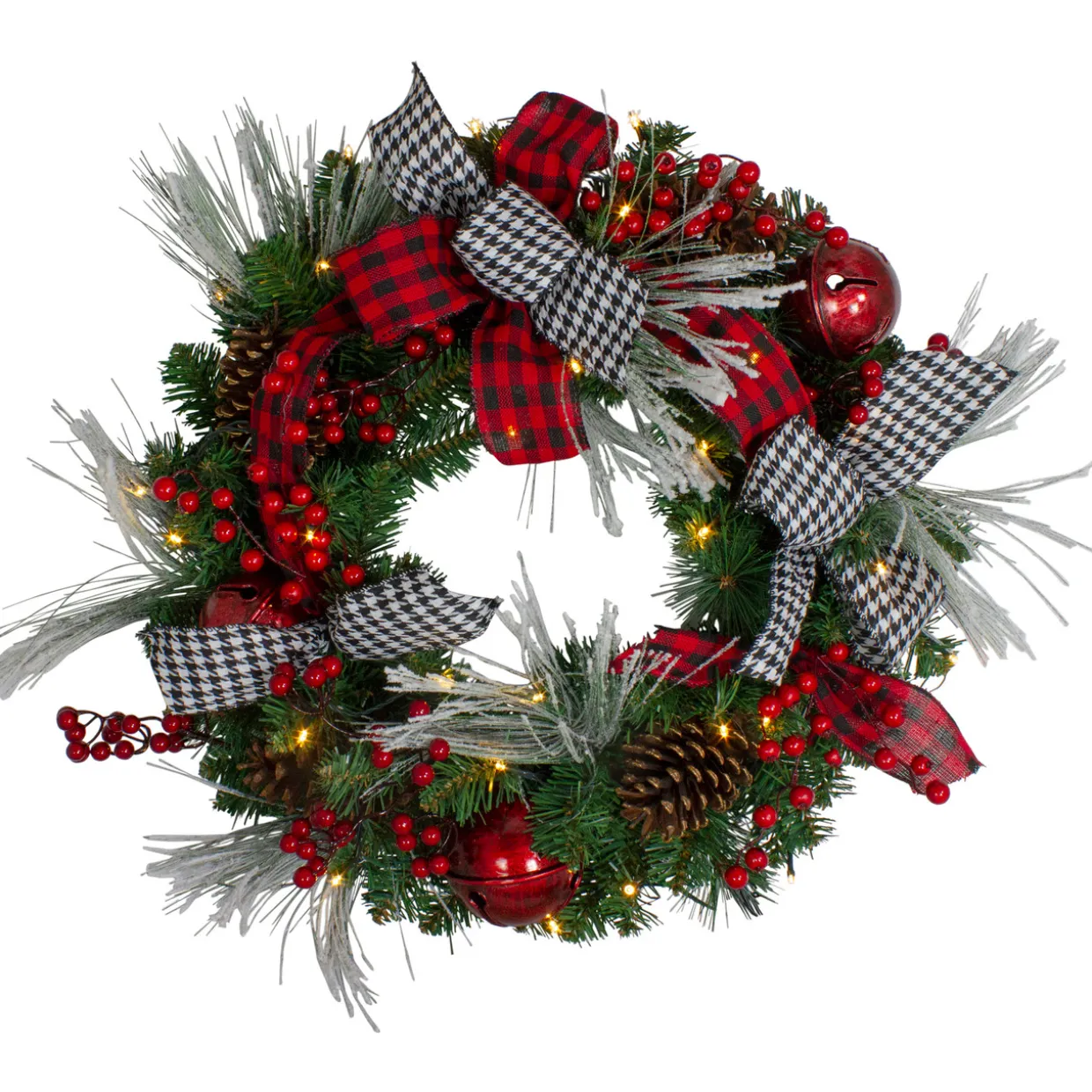 Pre-Lit Plaid and Houndstooth Artificial Christmas Wreath - 24" - Warm White Lights