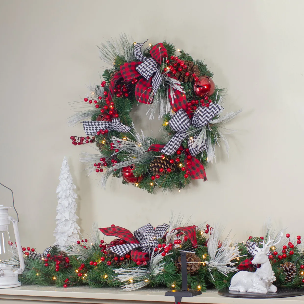 Pre-Lit Plaid and Houndstooth Artificial Christmas Wreath - 24" - Warm White Lights