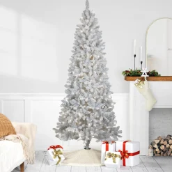 Pre-Lit Slim Flocked White Pine Artificial Christmas Tree - 7.5' - Warm White LED Lights