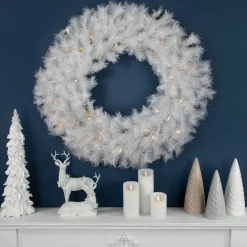 Pre-Lit White Alaskan Pine Artificial Christmas Wreath, 36-Inch, Warm White LED Lights
