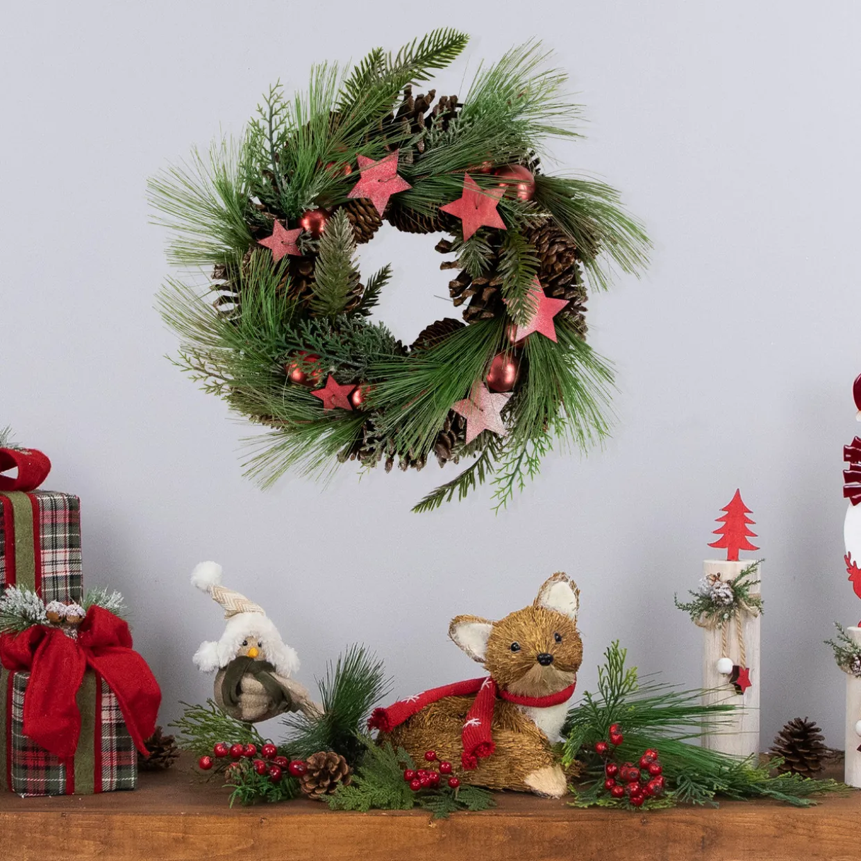 Real Touch™? Pine and Pinecone Artificial Christmas Wreath with Stars - 13.5" - Unlit