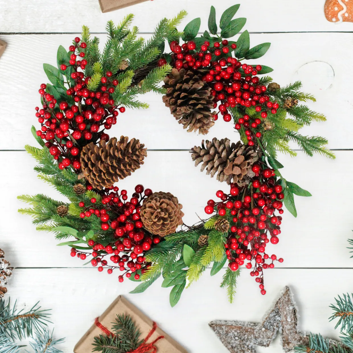 Real Touch™ Pinecone and Berry Artificial Christmas Wreath - 22" - Unlit