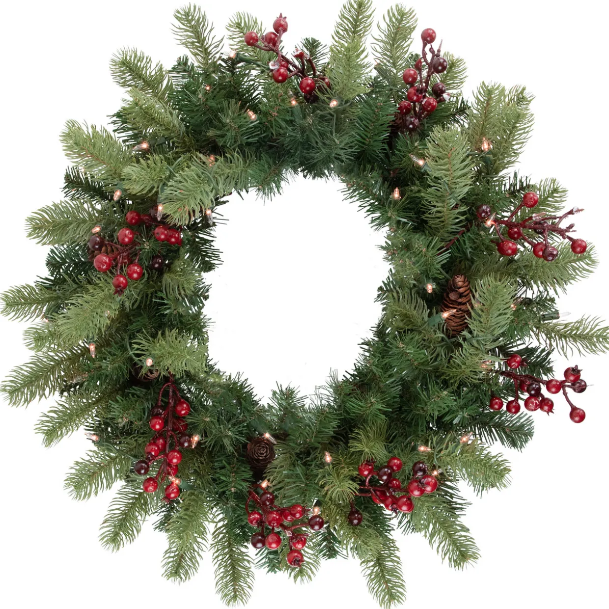 Real Touch™? Pre-lit Noble Fir with Berries Artificial Christmas Wreath - 24" - Clear Lights