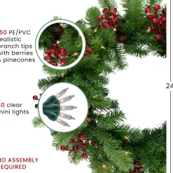 Real Touch™? Pre-lit Noble Fir with Berries Artificial Christmas Wreath - 24