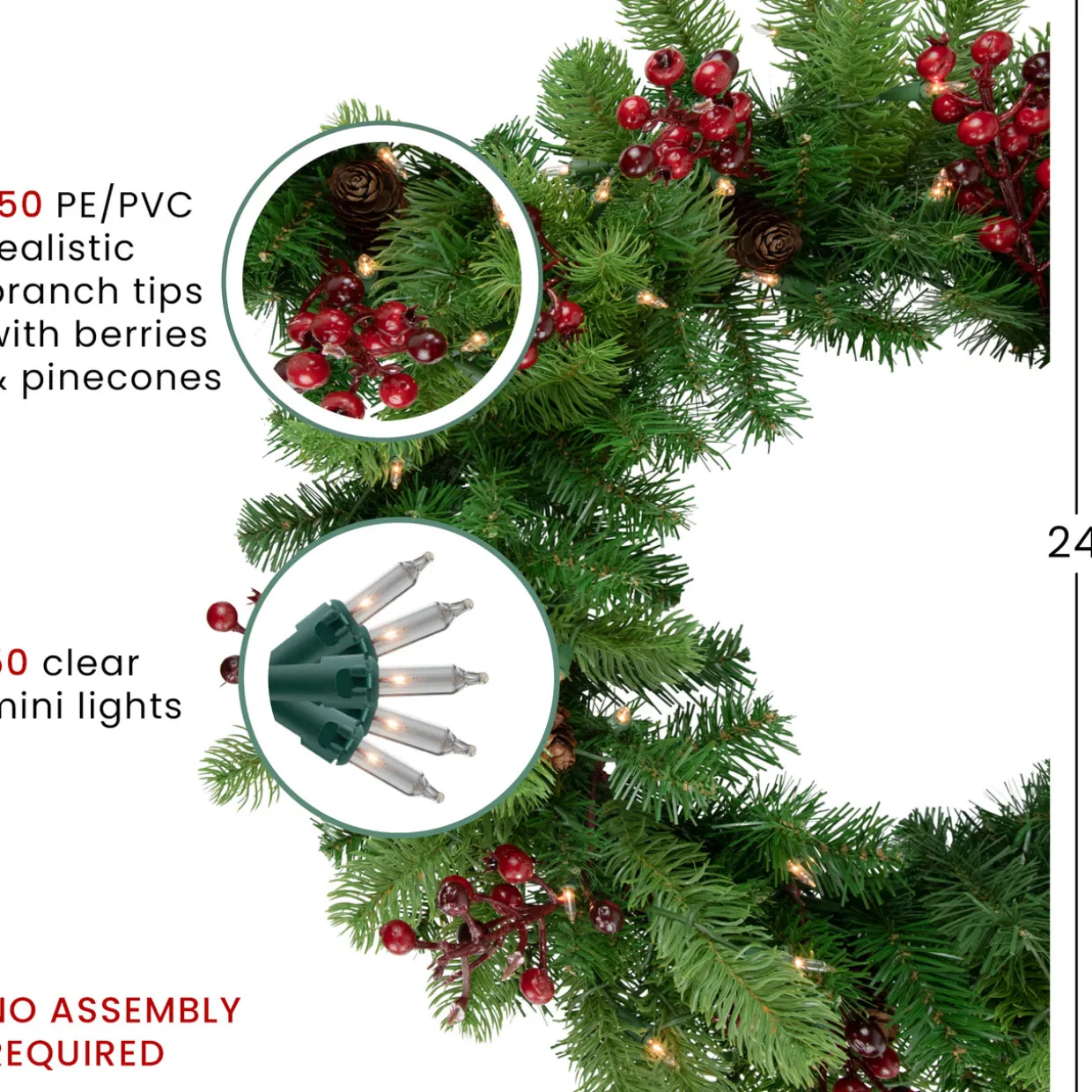 Real Touch™? Pre-lit Noble Fir with Berries Artificial Christmas Wreath - 24" - Clear Lights