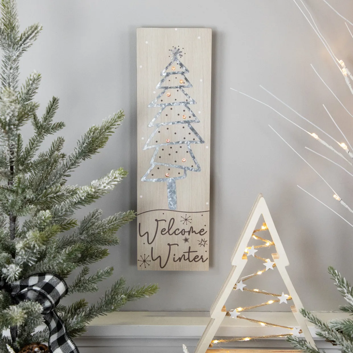 Rectangular "Welcome Winter" Christmas Tree Wooden Wall Sign - 15.75"