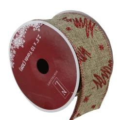 Red and Beige Christmas Tree Wired Craft Ribbon 2.5" x 10 Yards