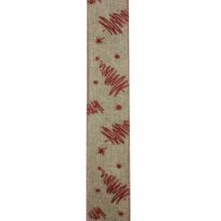 Red and Beige Christmas Tree Wired Craft Ribbon 2.5" x 10 Yards