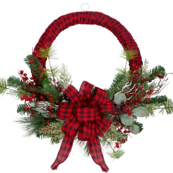Red and Black Buffalo Plaid and Berry Artificial Christmas Wreath - 24-Inch, Unlit