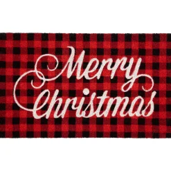 Red and Black Plaid "Merry Christmas" Natural Coir Christmas Outdoor Doormat 18" x 30"