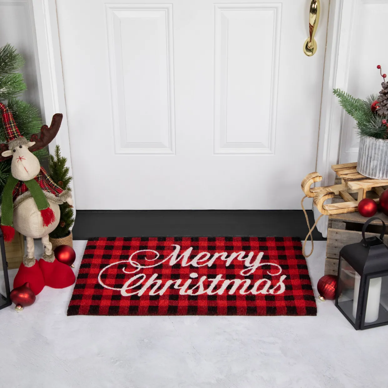 Red and Black Plaid "Merry Christmas" Natural Coir Christmas Outdoor Doormat 18" x 30"