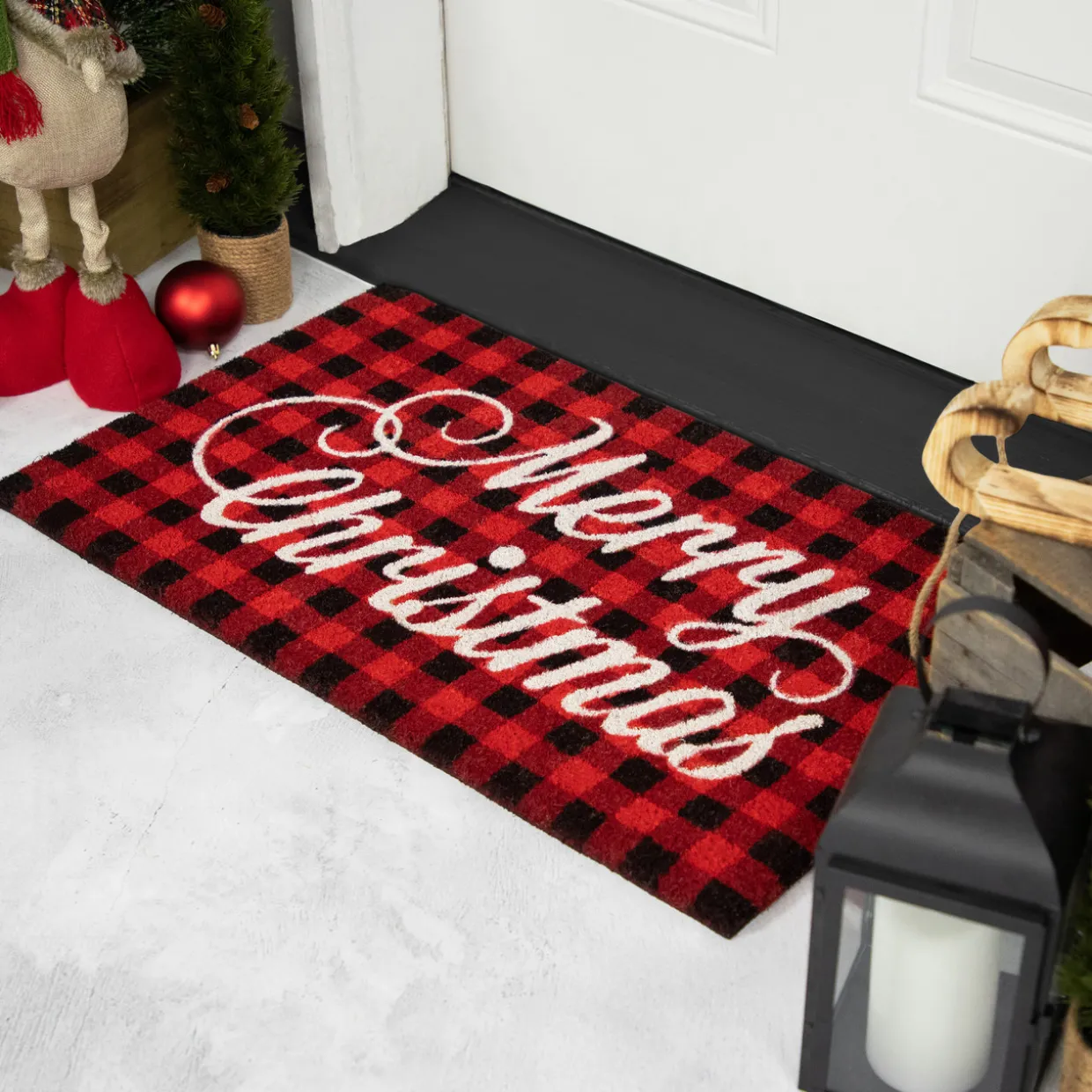 Red and Black Plaid "Merry Christmas" Natural Coir Christmas Outdoor Doormat 18" x 30"