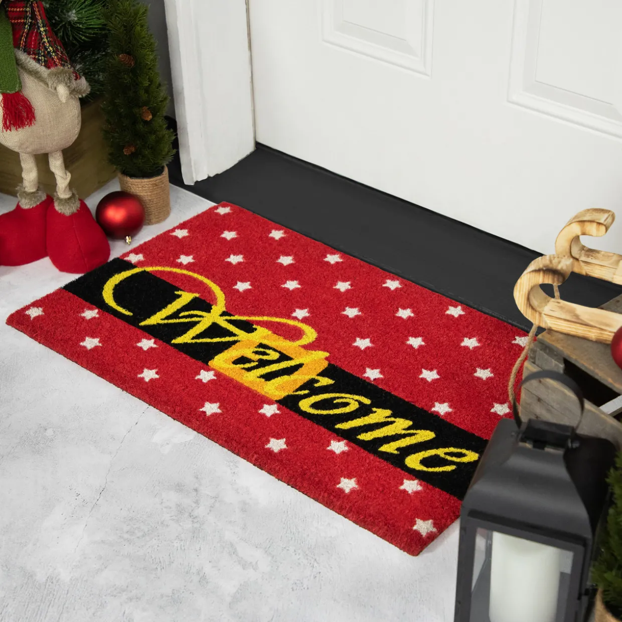Red and Black Santa Suit Buckle "Welcome" Coir Christmas Outdoor Doormat 18" x 30"