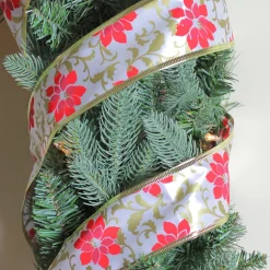 Red and Gold Poinsettia Print Wired Christmas Craft Ribbon 2.5