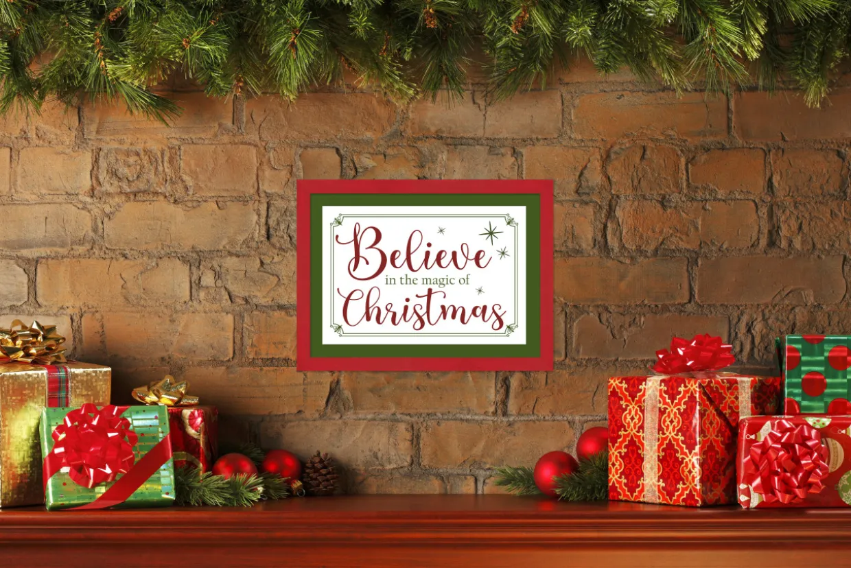 Red and Green Believe in the Magic of Christmas 12.5" x 16.5" Framed Christmas Wall Decor Sign Poster in a Natural Wooden Frame with UV Acrylic