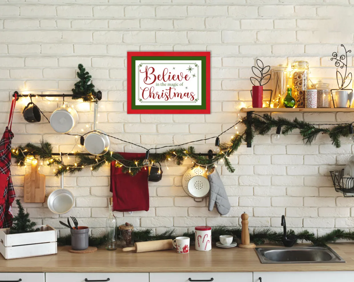 Red and Green Believe in the Magic of Christmas 12.5" x 16.5" Framed Christmas Wall Decor Sign Poster in a Natural Wooden Frame with UV Acrylic