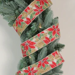 Red and Green Poinsettia Christmas Wired Craft Ribbon 2.5" x 16 Yards
