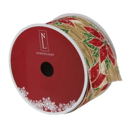 Red and Green Poinsettia Christmas Wired Craft Ribbon 2.5