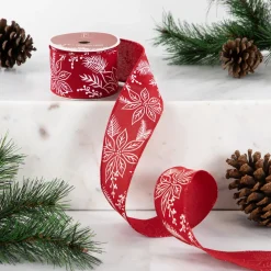 Red and White Floral Print Wired Craft Christmas Ribbon 2.5" x 10 Yards