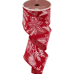 Red and White Floral Print Wired Craft Christmas Ribbon 2.5