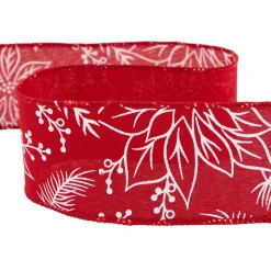 Red and White Floral Print Wired Craft Christmas Ribbon 2.5