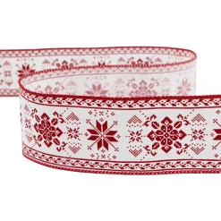 Red and White Knit Pattern Wired Craft Christmas Ribbon 2.5