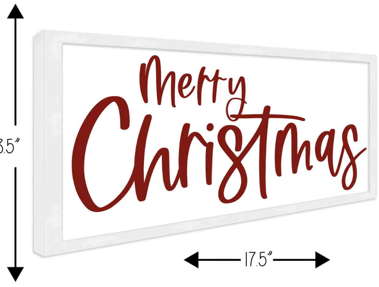Red and White Merry Christmas 9.5" x 18.5" Framed Christmas Wall Decor Art Print Sign Poster in a Natural Wooden Frame with UV Acrylic and Hangers