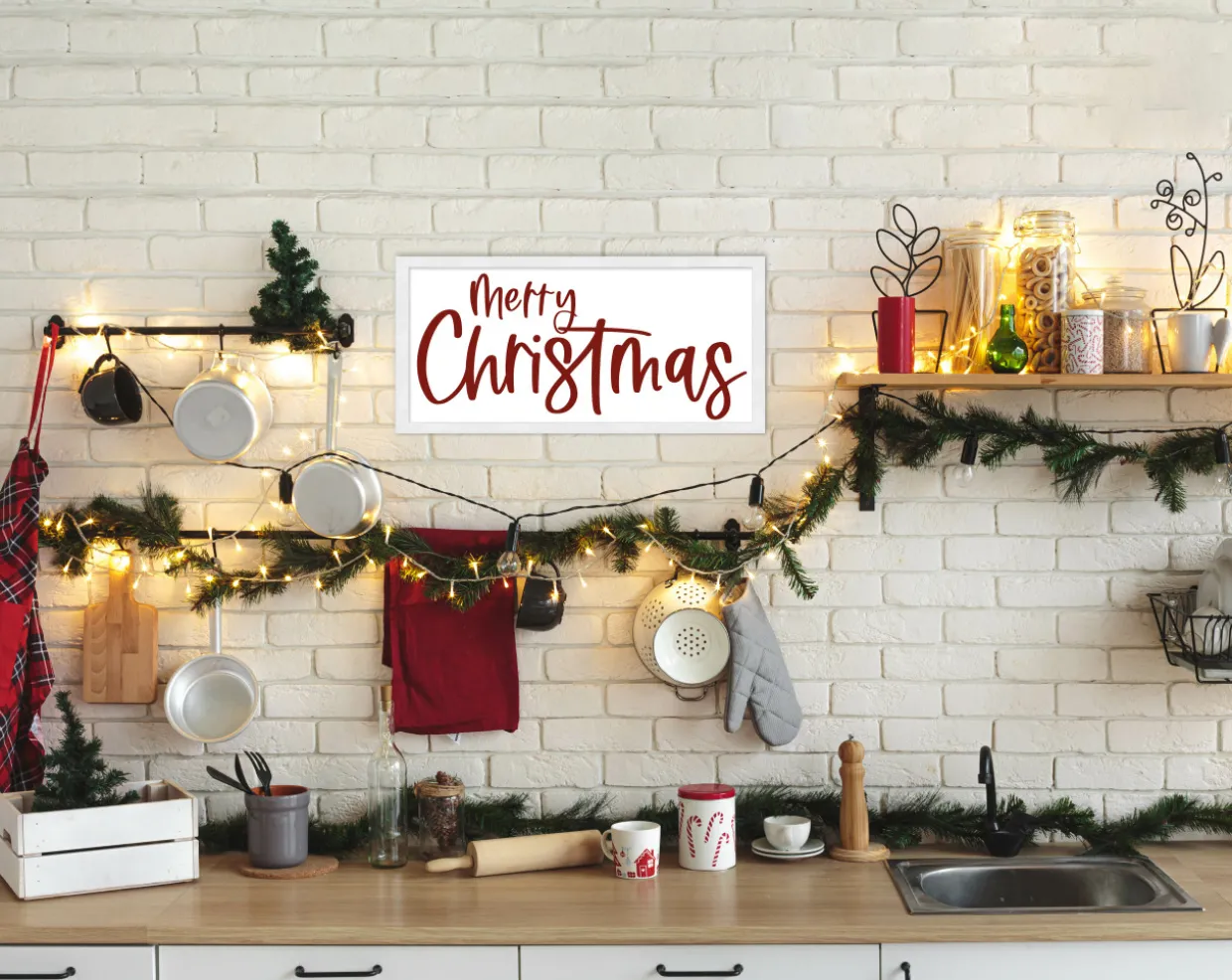 Red and White Merry Christmas 9.5" x 18.5" Framed Christmas Wall Decor Art Print Sign Poster in a Natural Wooden Frame with UV Acrylic and Hangers