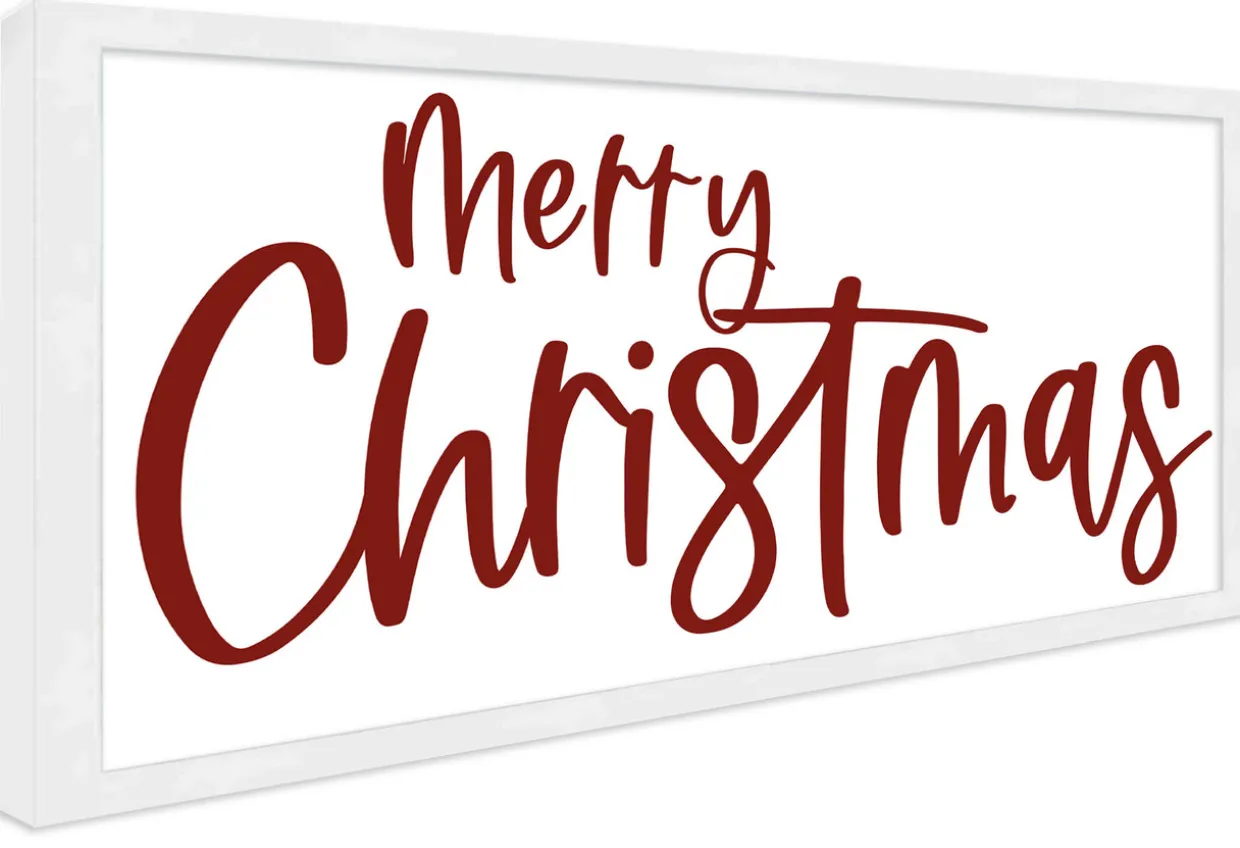 Red and White Merry Christmas 9.5" x 18.5" Framed Christmas Wall Decor Art Print Sign Poster in a Natural Wooden Frame with UV Acrylic and Hangers