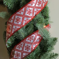 Red and White Snowflake Christmas Wired Craft Ribbon 2.5